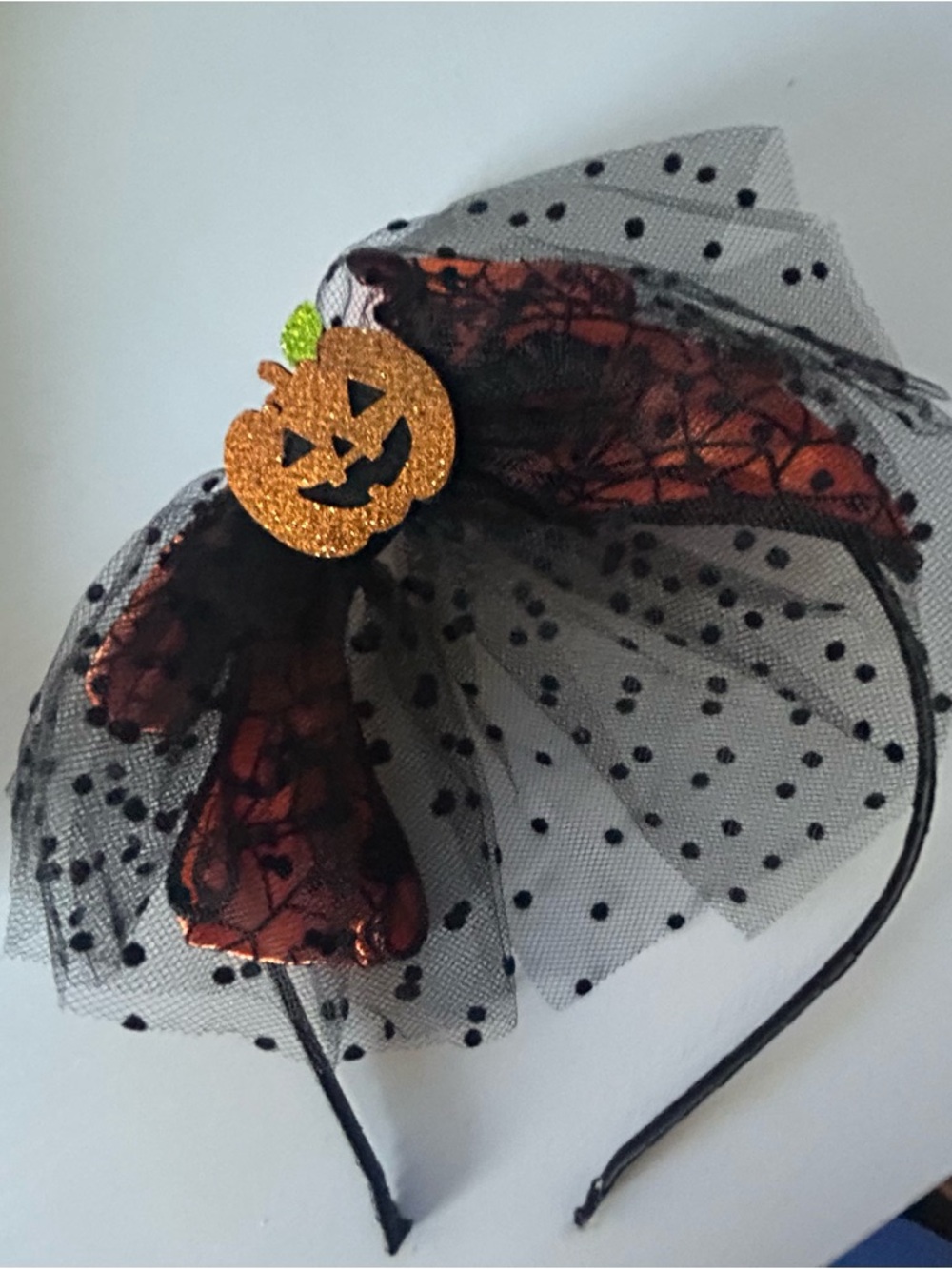 Halloween Pumpkin Jack-O'-Lantern Headband with Black Polka Dot Veil